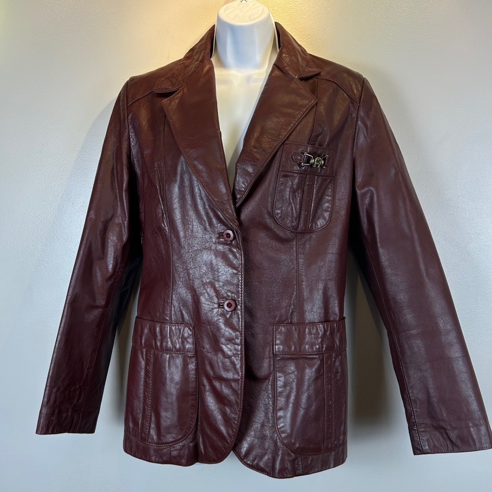 Etienne Aigner Vintage Burgundy Leather Blazer Jacket Oxblood Two Button Womens